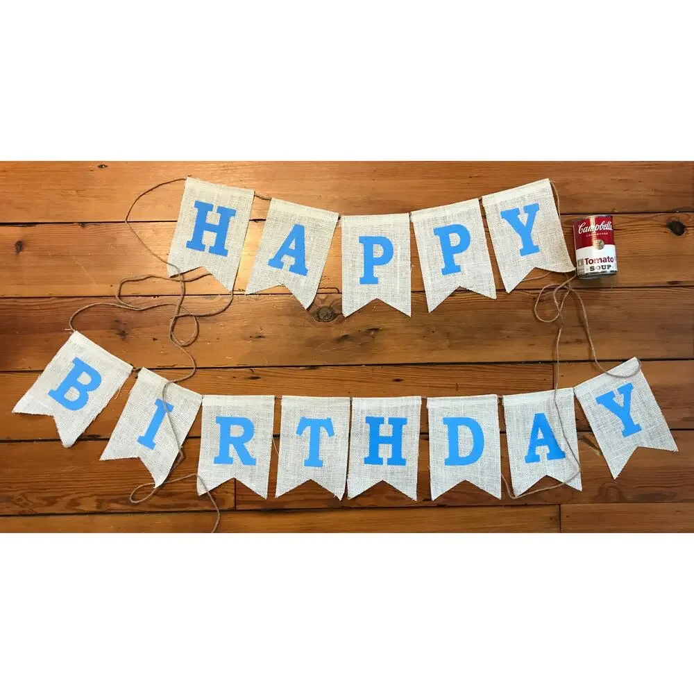 Vintage Style Baby Blue Burlap Flags Happy Birthday Banner Sign